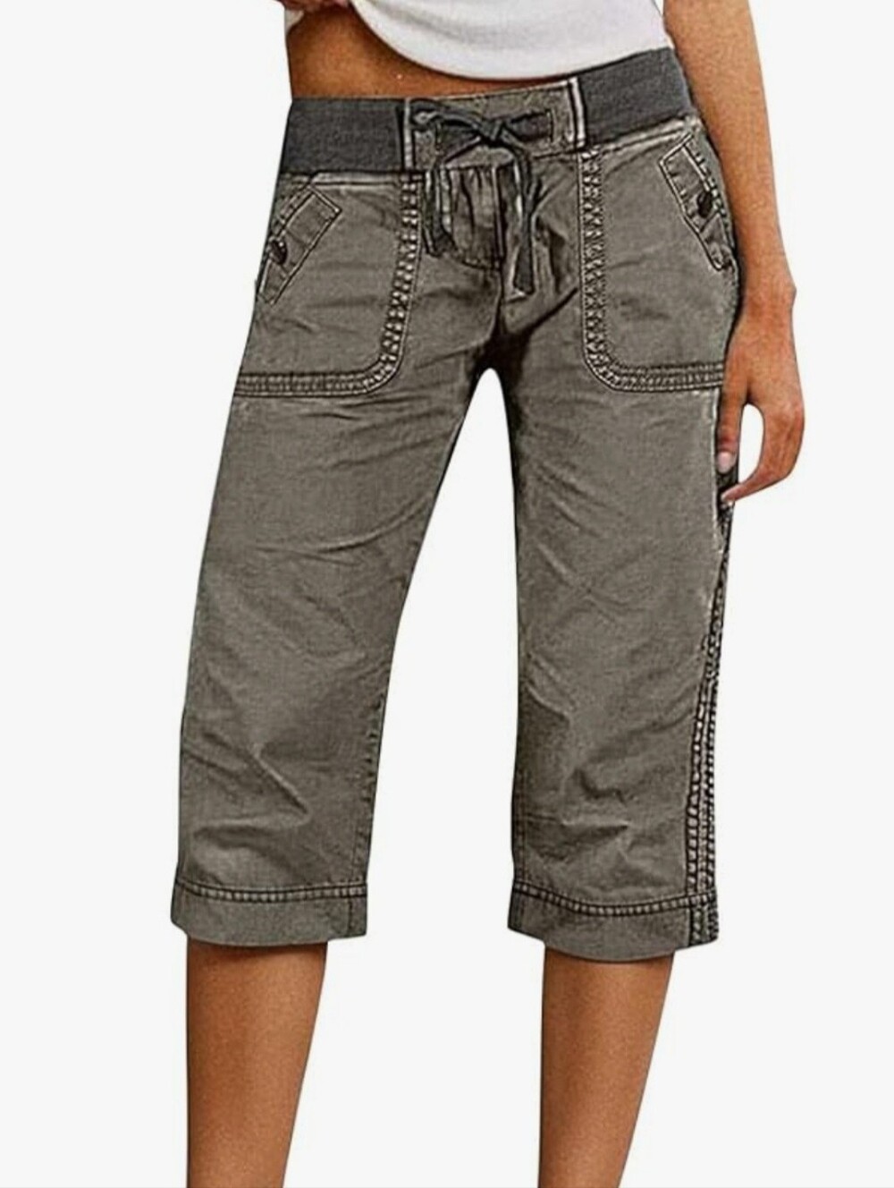 Flamingals Gray Drawstring Utility Snap Pocket Casual Capri's Medium NWT